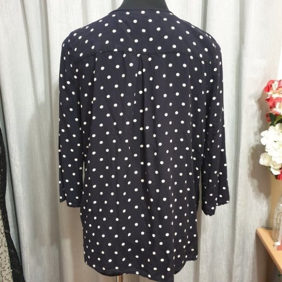 SEED HERITAGE AU-10 Dark Navy Blue/White Long Sleeve Top Polka Dot Ruffled Front - Picture 4 of 12